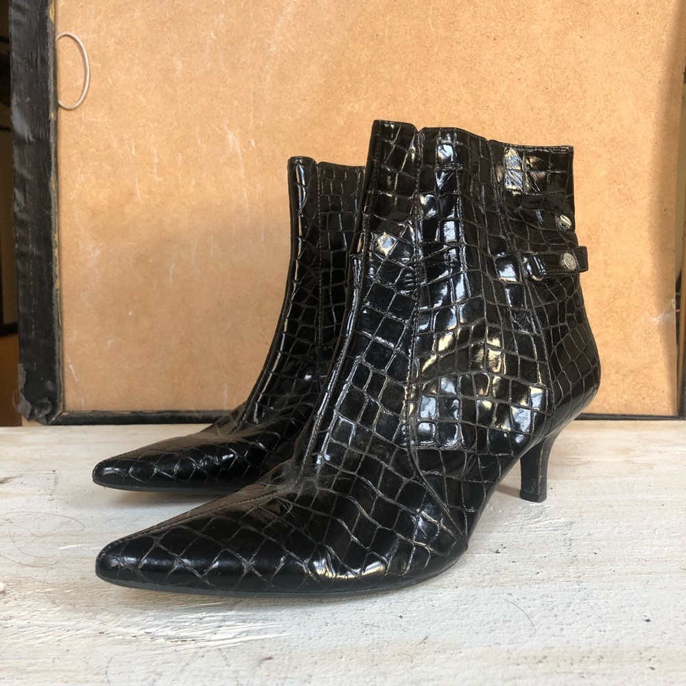 Black croco kitten heel booties